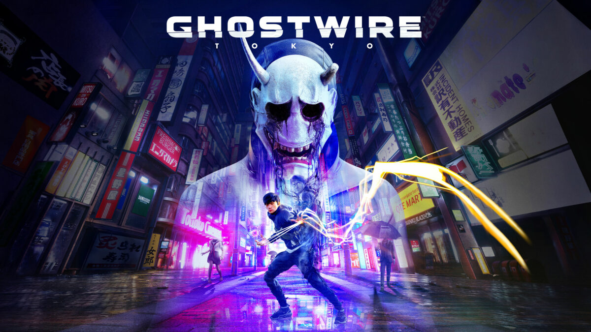 Das Titelbild von Ghostwire Tokyo mit einer fratzenartigen, japanischen Teufelsmaske und dem Protagonisten in einer mit Schildern überwucherten Straße in Tokyo.