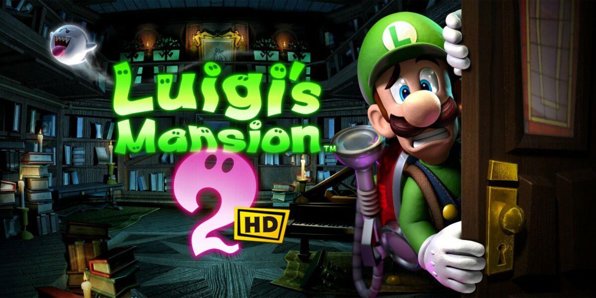 Luigi's Mansion 2 HD mit einem erschrockenen Luigi, der an einer Tür lehnt.
