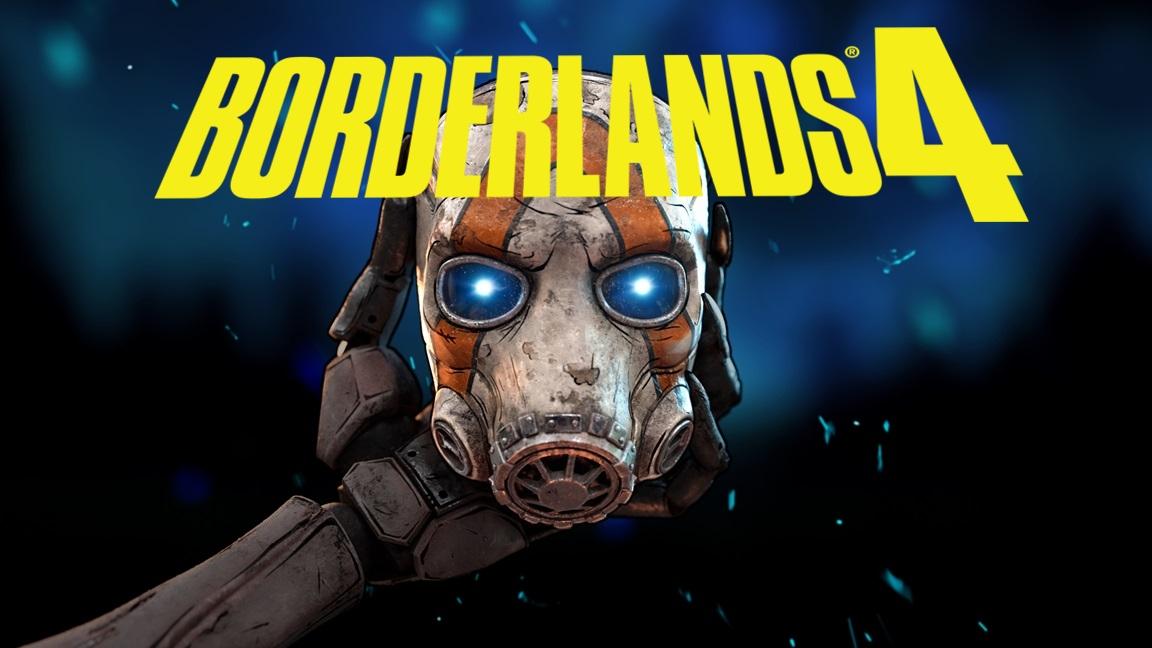 Die Gasmaske des Boderlands-Franchise wird von einem Droiden Arm vor einem dunkelblauen Hintergrund vor die Kamera gehalten haben. Das Bild ist bearbeitet worden, indem der offizielle Schriftzug "Borderlands 4" hinzugefügt worden ist.